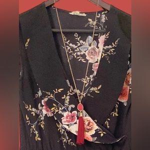 📿Burgundy Wine Gemstone Long Tassel Necklace w/Gold Tone